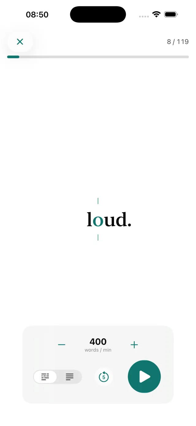 Dogear RSVP reader pacing one word at a time
