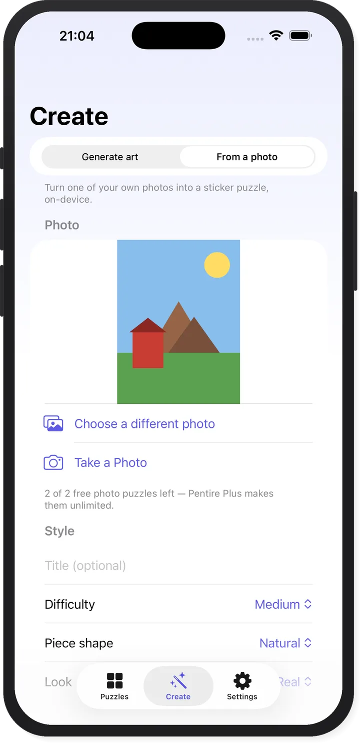 Pentire turning a personal photo into a sticker puzzle on-device