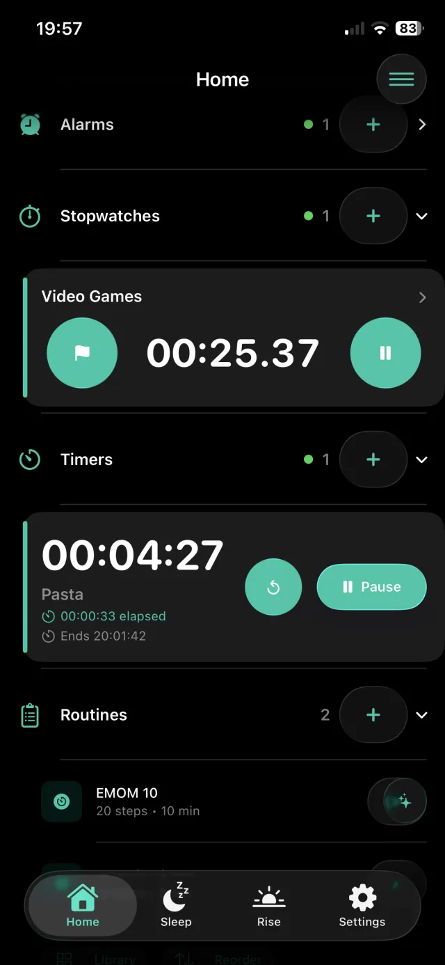 Rouse home screen with alarms, stopwatches, timers, and routines